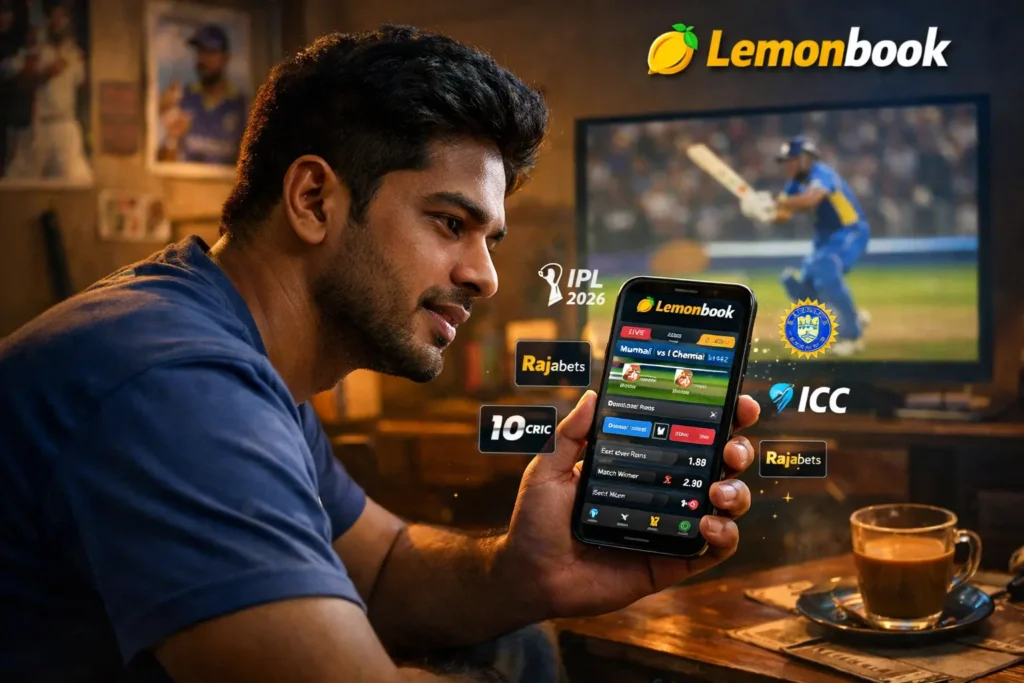Young Indian man using Lemonbook app on smartphone to place live cricket bet during IPL 2026 match at home