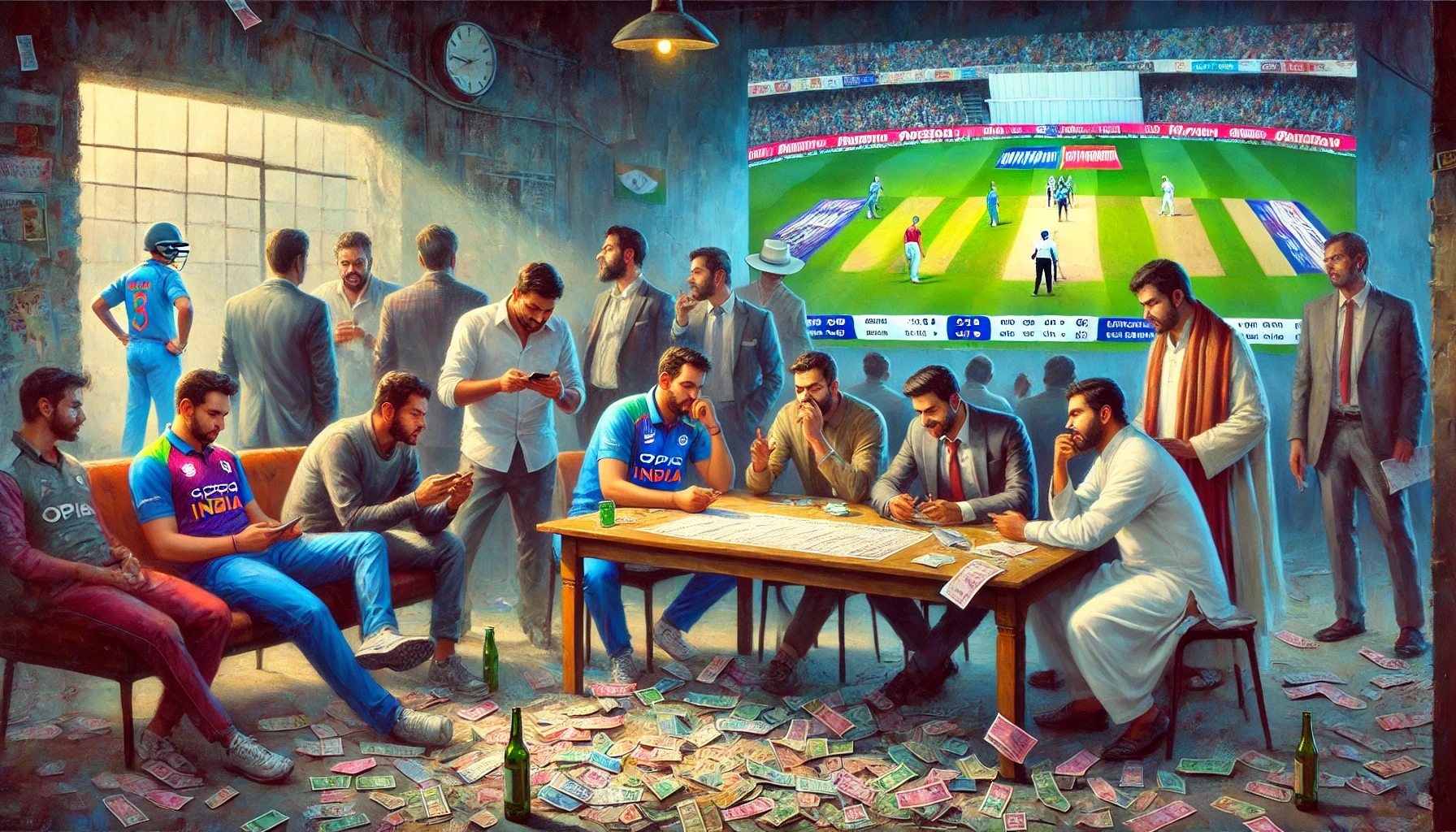 A tense crowd following live cricket betting odds in India.