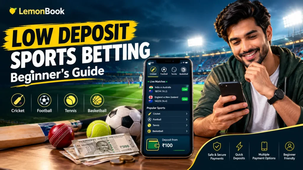 Low deposit sports betting guide featuring a smartphone, cricket stadium, and sports icons.