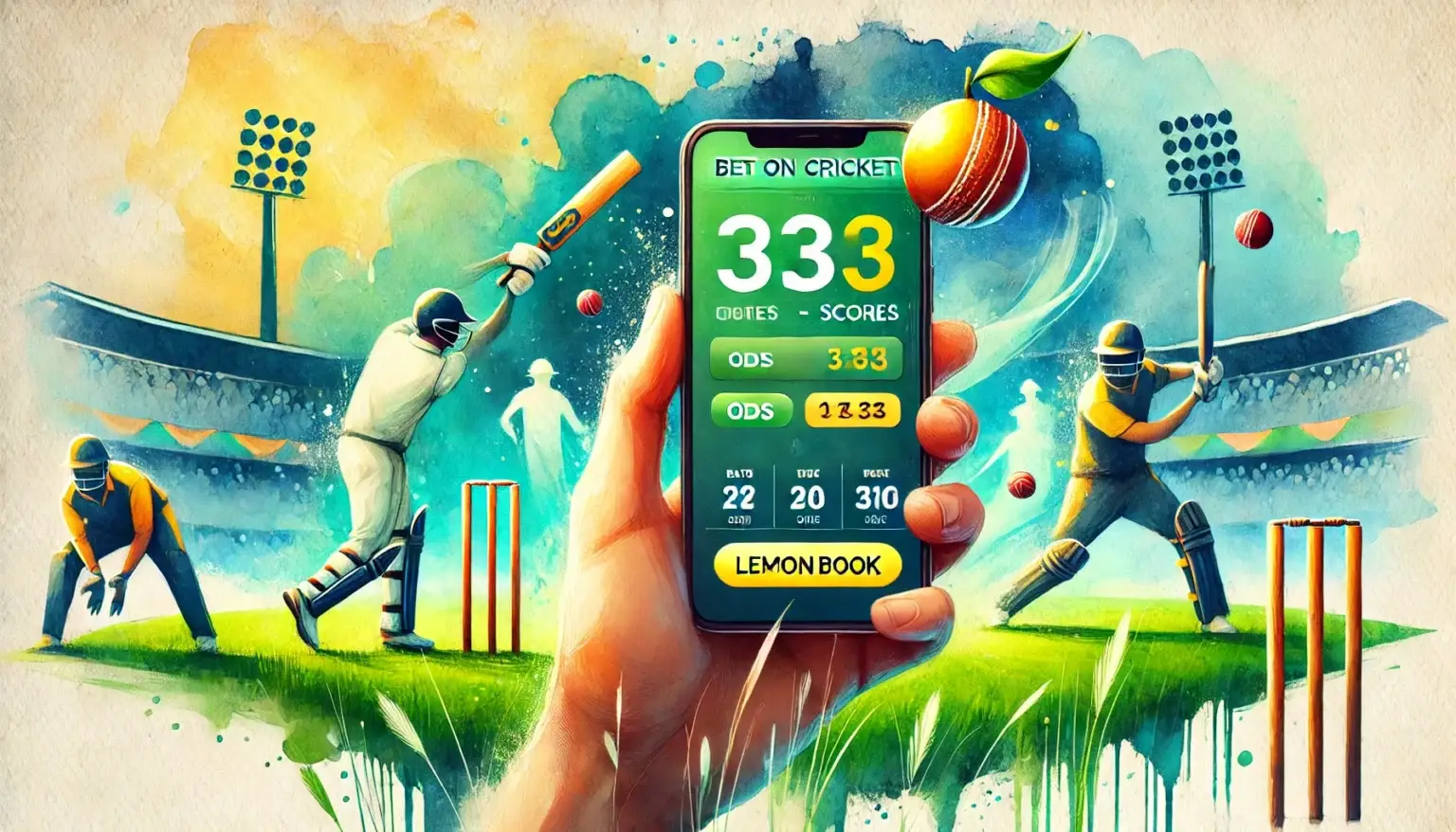 A person placing an cricket bet online using his cricket id on a mobile app with live match updates displayed on the screen