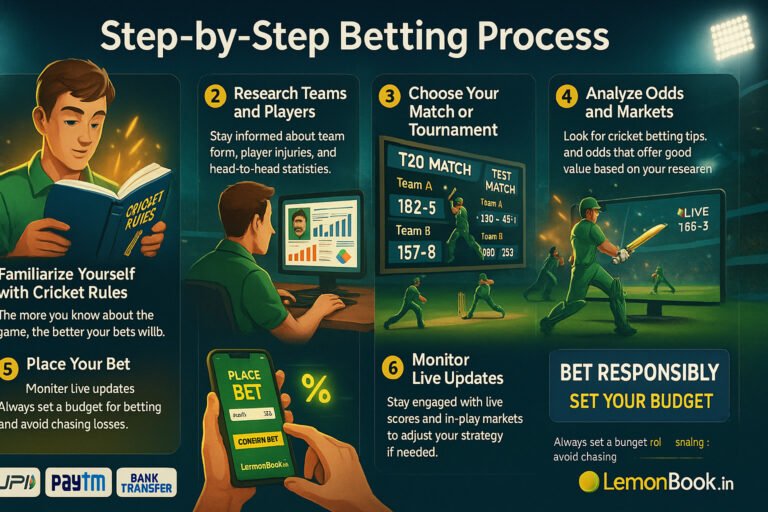 Step-by-step cricket betting process infographic showing rules, research, odds analysis, match selection, live updates, and responsible betting with LemonBook.in branding and secure payment options.