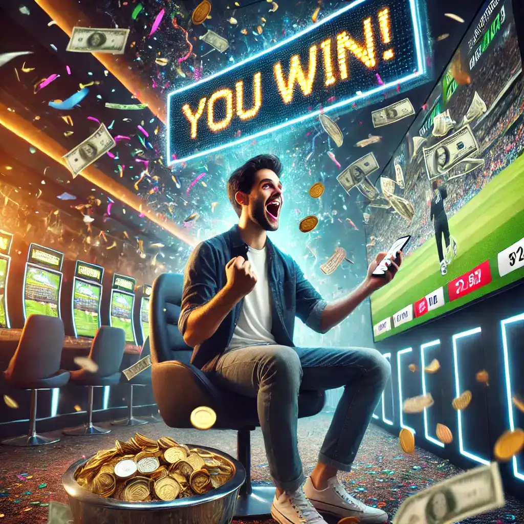 Young man celebrating a big win in a gaming lounge using his online cricket ID for cricket betting