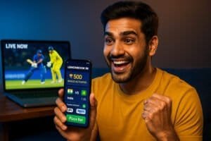 Excited Indian man using his betting ID online on LemonBook.in to place a live cricket bet with ₹500 bonus, while watching an IPL match on his phone