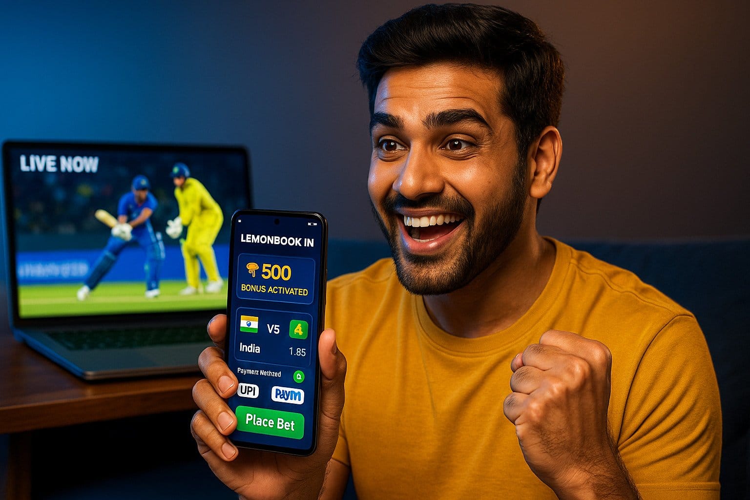 Excited Indian man using his betting ID online on LemonBook.in to place a live cricket bet with ₹500 bonus, while watching an IPL match on his phone