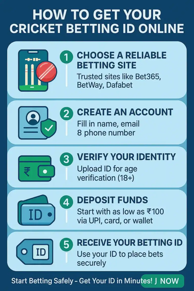 Step-by-step infographic showing how to get your online cricket betting ID in India, including account creation, identity verification, and secure deposits.