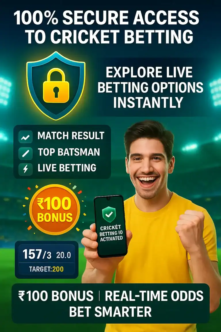 A happy cricket fan holding a smartphone showing "Cricket Betting ID Activated" with live match score, ₹100 bonus badge, and icons for secure betting, live options, and real-time odds