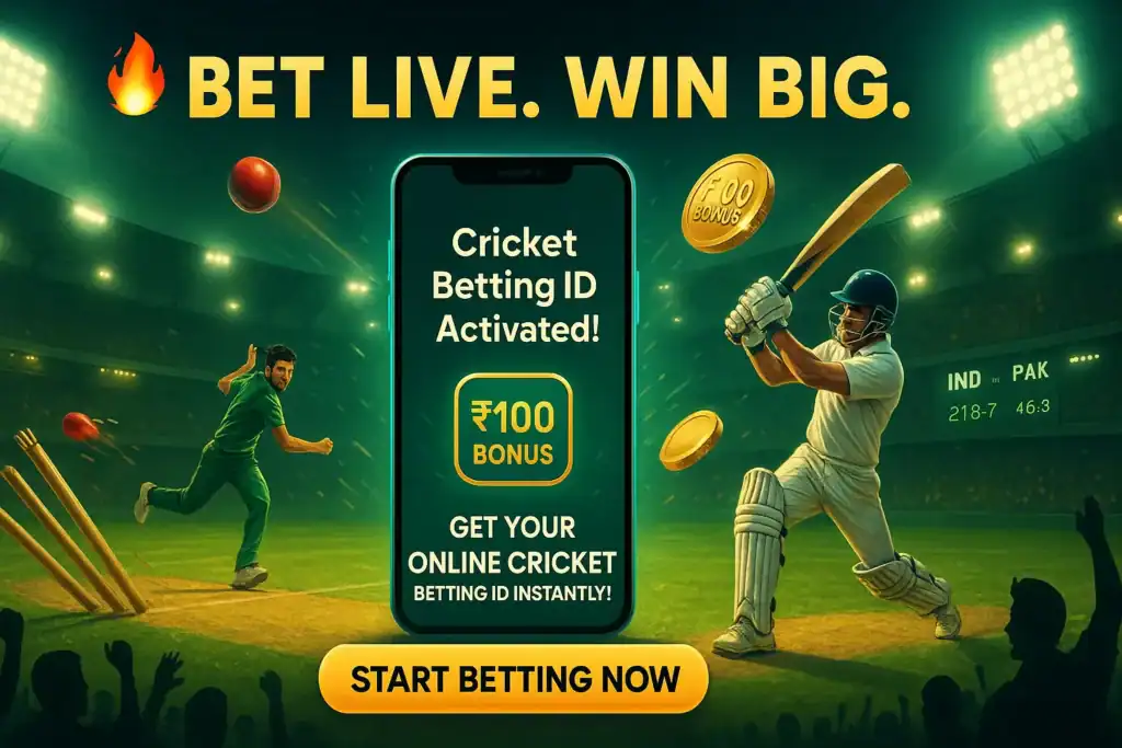 A thrilling cricket match scene with a glowing smartphone showing “Cricket Betting ID Activated” and ₹100 bonus, surrounded by coins, batsman, and bowler under stadium floodlights