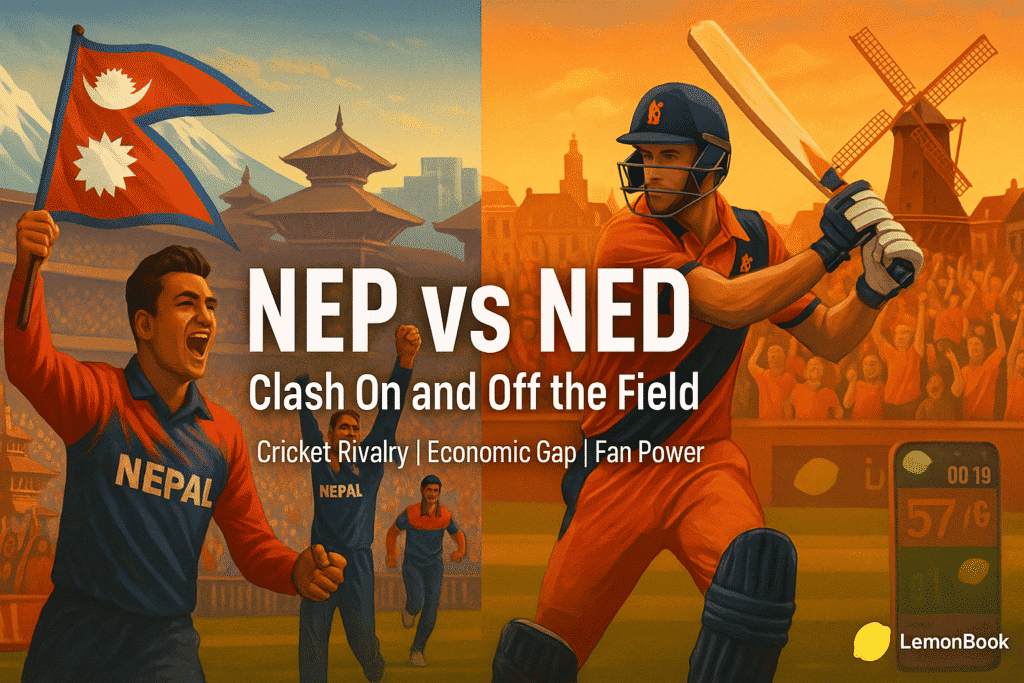 Split-screen promotional image for NEP vs NED cricket match showing Nepalese fans cheering with flags and Dutch batsman in action, symbolizing cricket rivalry, cultural contrast, fan engagement, and sports passion between Nepal and Netherlands—ideal for online cricket betting, match previews, and fantasy league promotions.