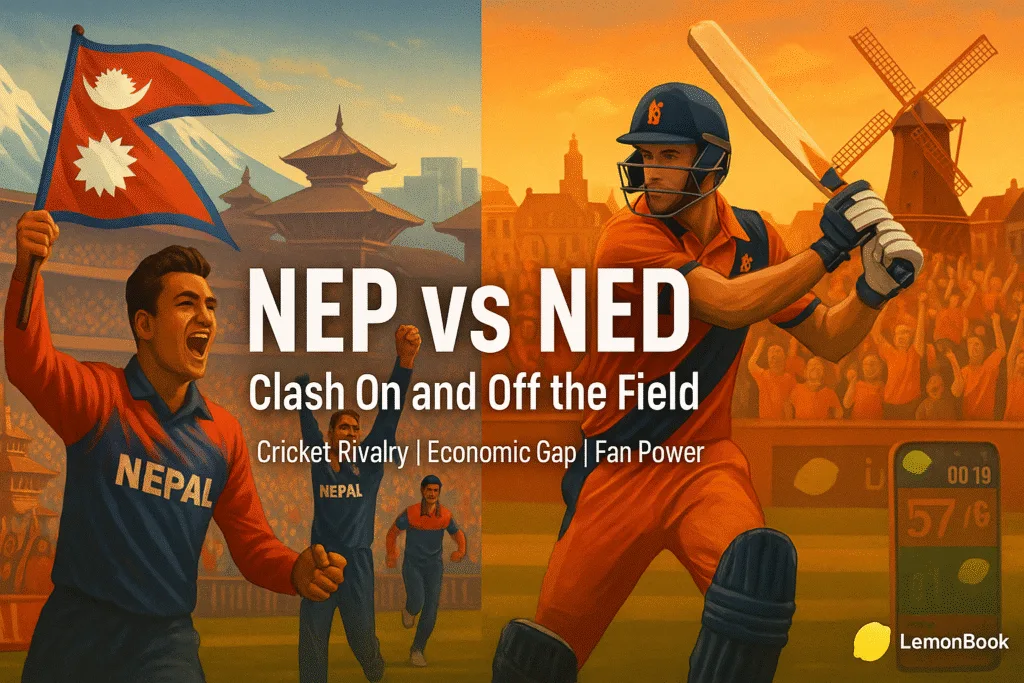 Split-screen promotional image for NEP vs NED cricket match showing Nepalese fans cheering with flags and Dutch batsman in action, symbolizing cricket rivalry, cultural contrast, fan engagement, and sports passion between Nepal and Netherlands—ideal for online cricket betting, match previews, and fantasy league promotions.
