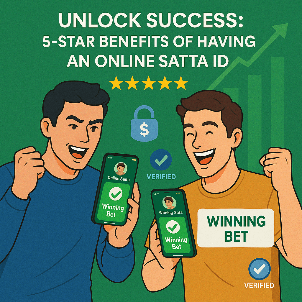 Two friends celebrating a winning bet with smartphones showing verified Online Satta ID profiles, green success background with 5-star ratings and secure payment icons, promoting LemonBook's trusted platform.