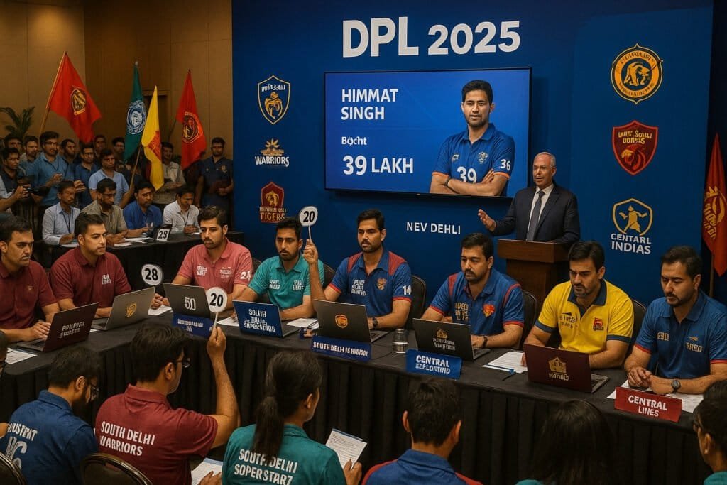 Delhi Premier League 2025 auction scene with team owners bidding for top Delhi cricketers like Himmat Singh, inside a vibrant hall filled with banners, laptops, and media. LemonBook offers betting on DPL matches for fans seeking thrilling cricket action.