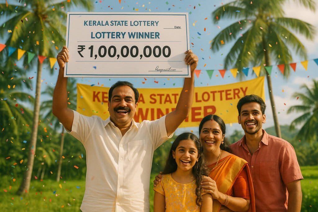 oyful Indian man in traditional Kerala attire holding a ₹1 crore Kerala State Lottery cheque, surrounded by his smiling family, vibrant confetti, lush palm trees, and a festive Kerala landscape, celebrating a big win with LemonBook