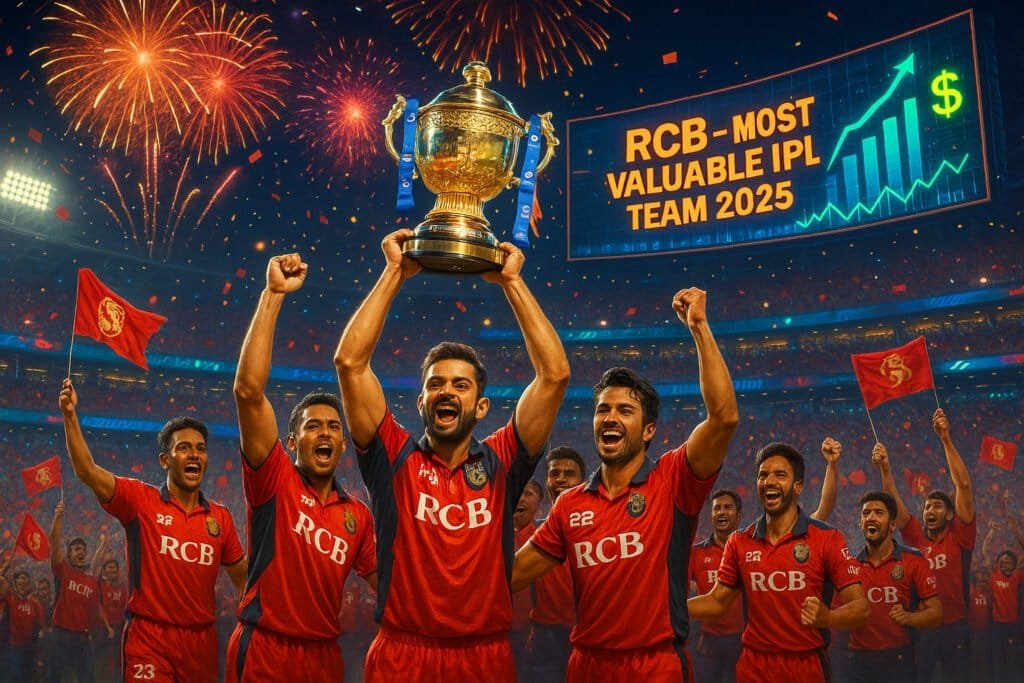 Royal Challengers Bengaluru cricket team celebrating IPL 2025 championship victory, Virat Kohli and Rajat Patidar lifting trophy in packed stadium with fireworks, confetti, and digital screens showing ‘RCB – Most Valuable IPL Team 2025’ and business growth graphics