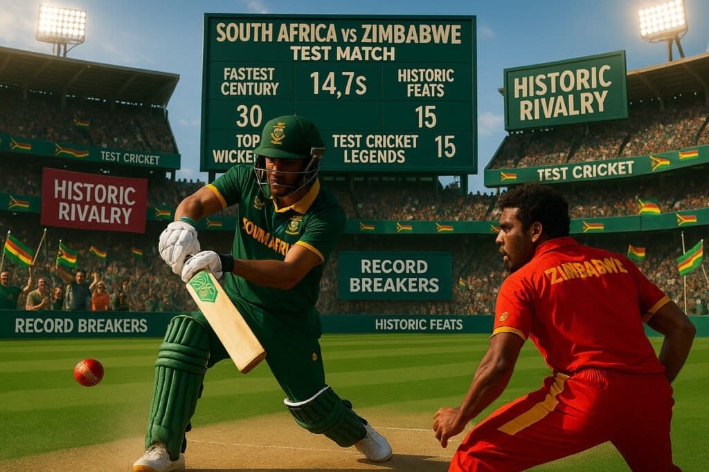 1. Cricket players from South Africa and Zimbabwe competing at a stadium, highlighting historic rivalry and record-breaking moments in cricket.