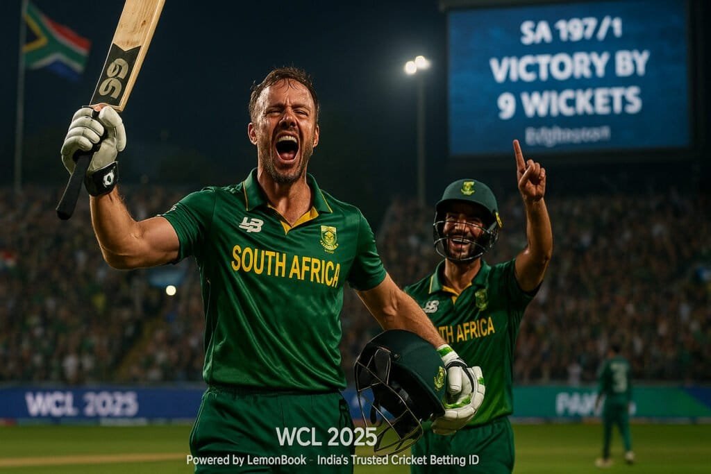 AB de Villiers and JP Duminy celebrate South Africa's WCL 2025 Final win with raised bats as the scoreboard flashes victory at Edgbaston Stadium.