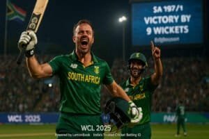 AB de Villiers and JP Duminy celebrate South Africa's WCL 2025 Final win with raised bats as the scoreboard flashes victory at Edgbaston Stadium.