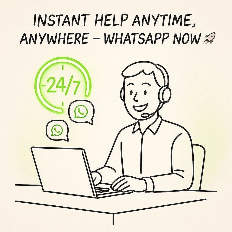 support agent with laptop, WhatsApp chat icons, and 24/7 glowing clock. Instant Help Anytime, Anywhere