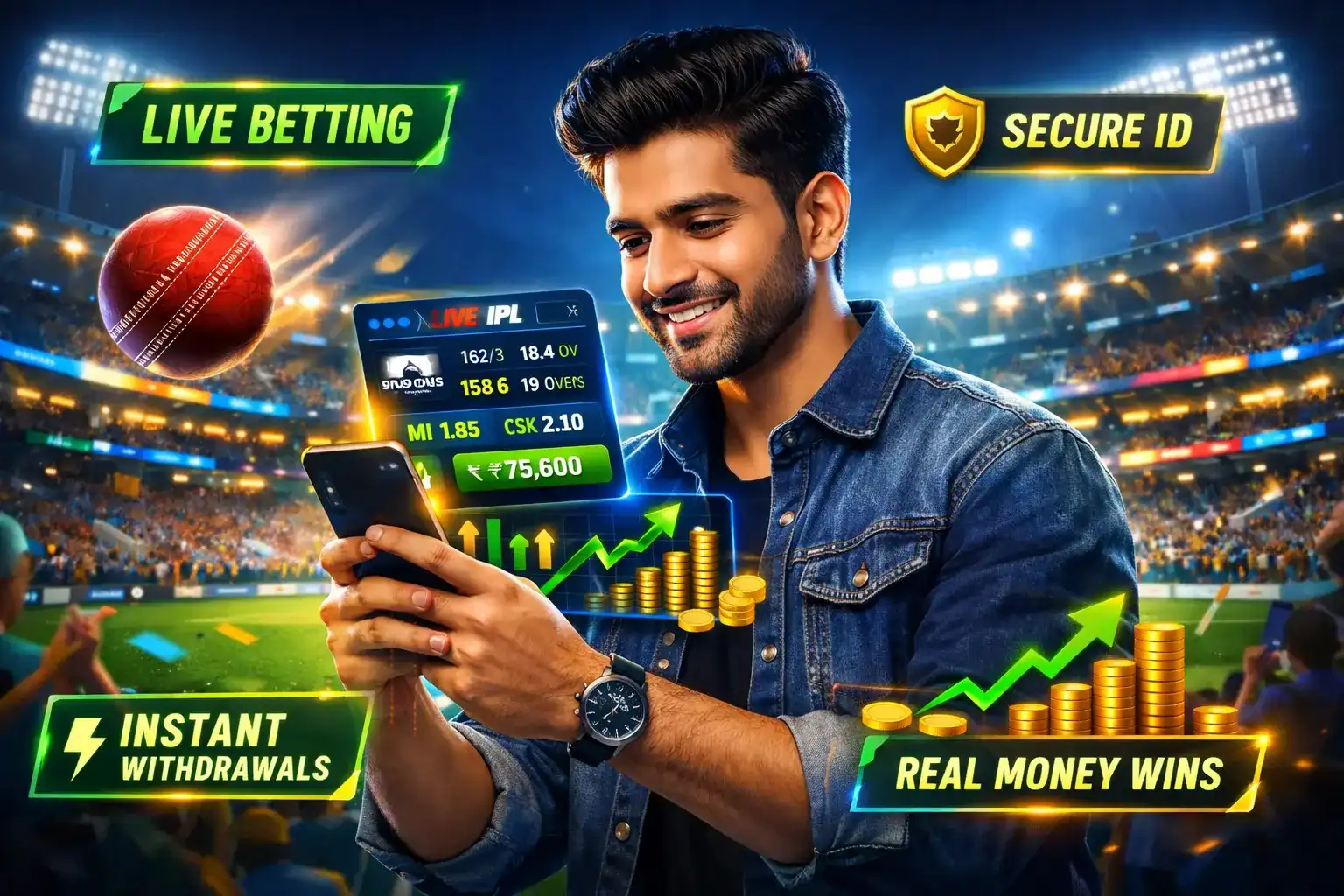 Confident Indian user using cricket ID online on mobile with live IPL odds, wallet balance, instant withdrawals, and match stats