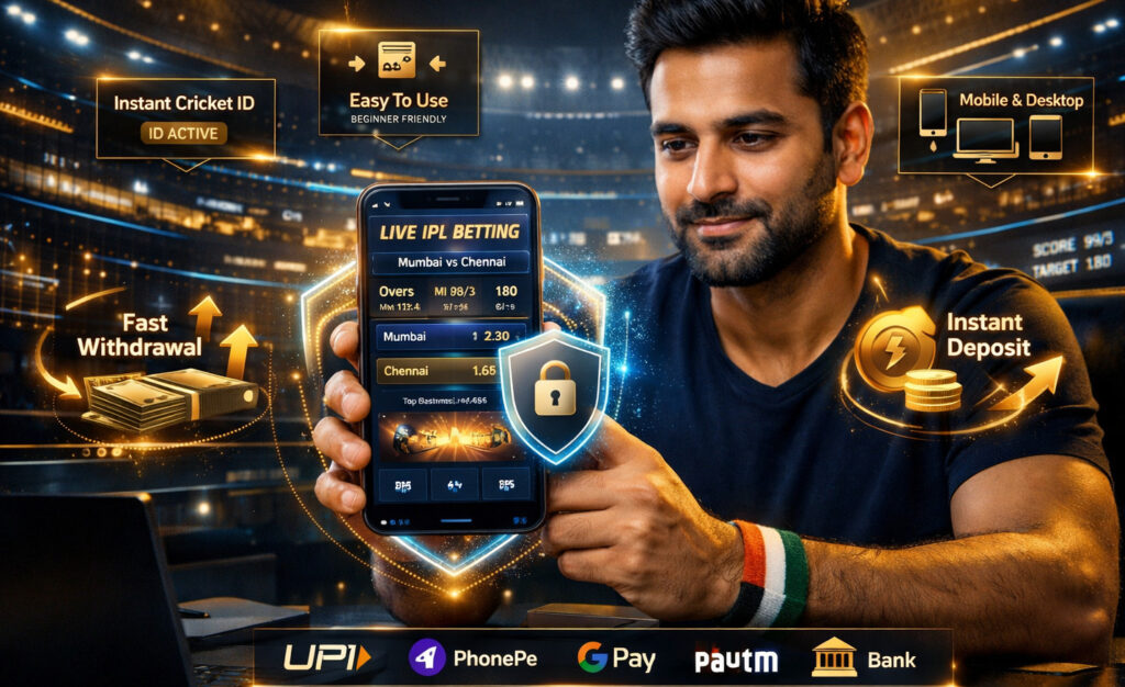 Indian user using online cricket ID on mobile with live IPL betting odds, secure UPI payments, instant deposits & fast withdrawals