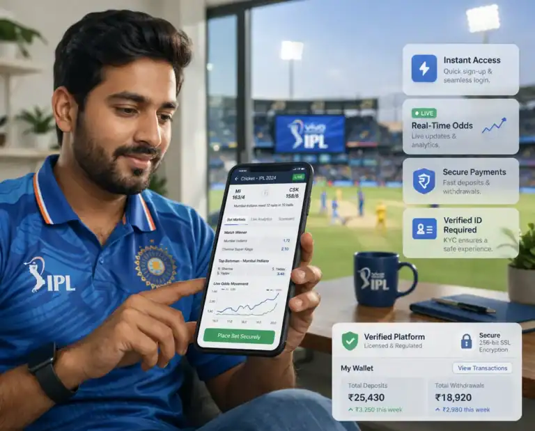 Indian user using secure and verified online cricket ID on mobile with live IPL betting odds, real-time analytics, and safe payment dashboard