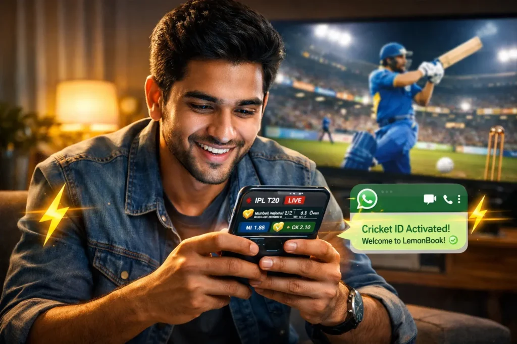 Young Indian man using smartphone to get online cricket ID via WhatsApp and start instant IPL betting while watching live match at home