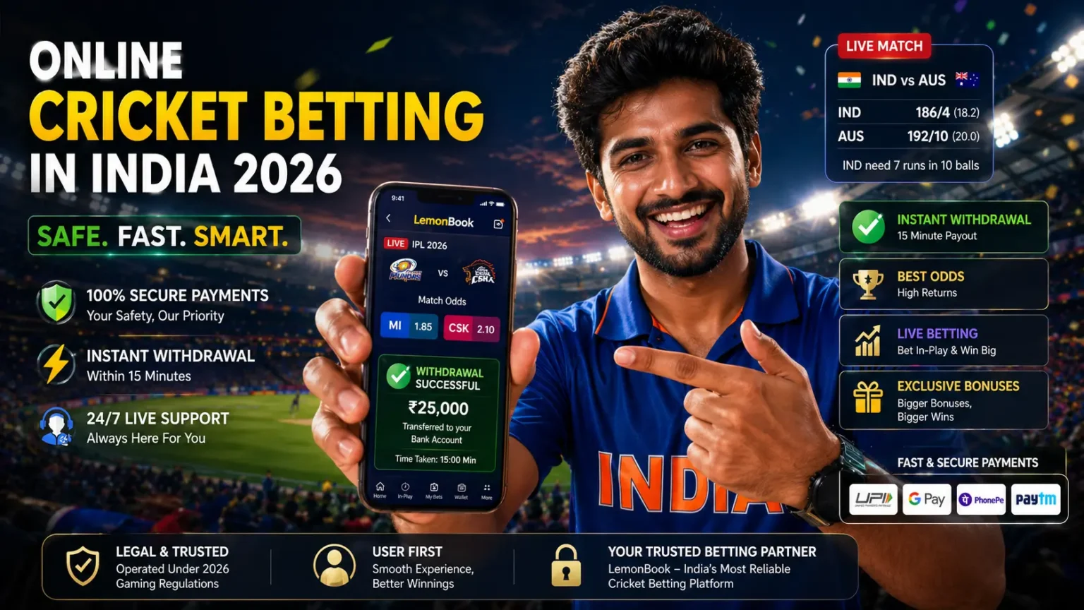 Indian man showing cricket betting app with instant withdrawal and live IPL betting features on LemonBook