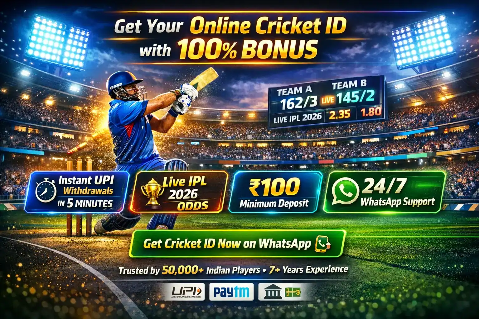 Get Cricket ID online with 100% bonus, instant UPI withdrawals in 5 minutes, live IPL 2026 odds, WhatsApp support, and secure betting access for Indian players
