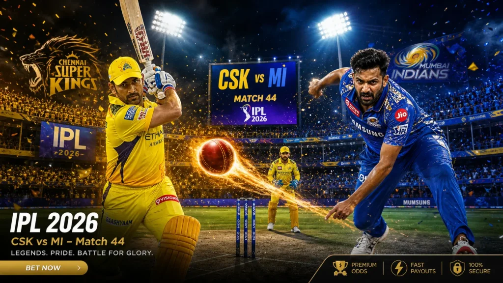 IPL 2026 CSK vs MI betting banner with trophy, live odds, and dramatic Chepauk stadium action.