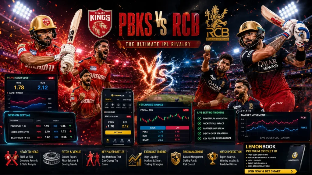 PBKS vs RCB IPL match poster with live betting odds, cricket trading charts, player battles, and stadium action.