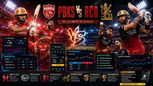 PBKS vs RCB IPL match poster with live betting odds, cricket trading charts, player battles, and stadium action.