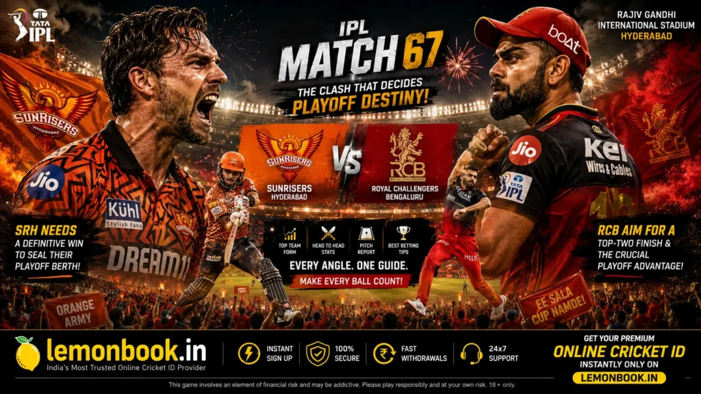 SRH vs RCB IPL Match playoff clash poster with intense players, packed Hyderabad stadium, and Lemonbook online cricket ID branding