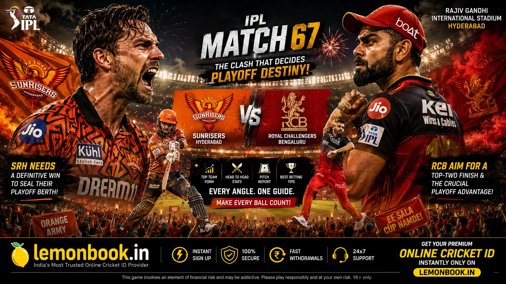 SRH vs RCB IPL Match playoff clash poster with intense players, packed Hyderabad stadium, and Lemonbook online cricket ID branding