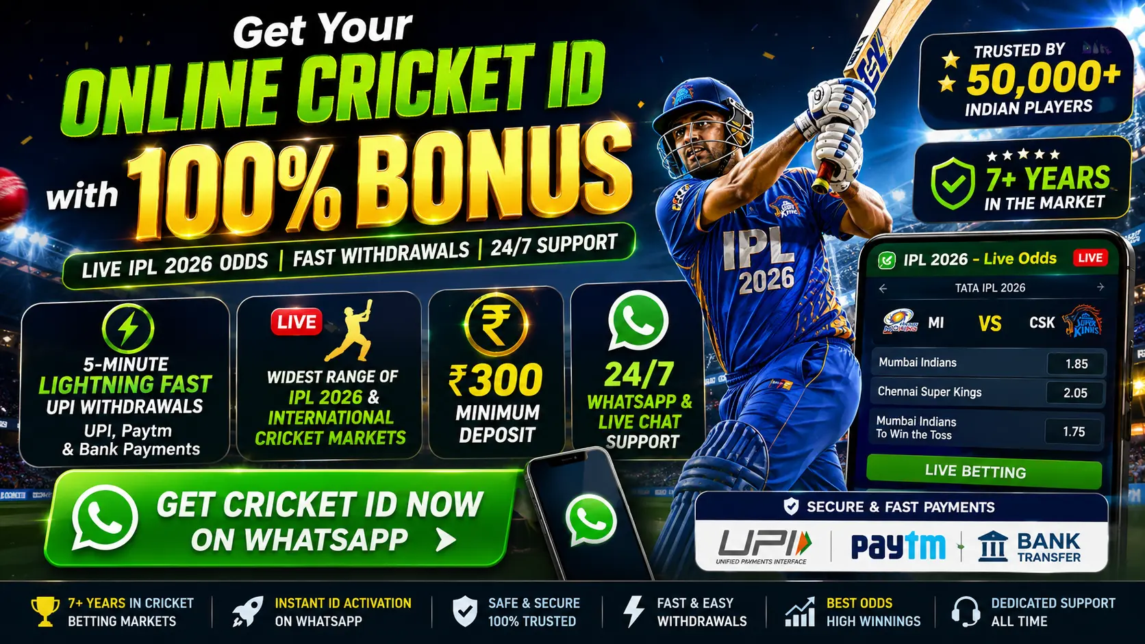 Online cricket ID with 100% bonus, instant UPI withdrawals, live IPL 2026 odds, and WhatsApp support in India