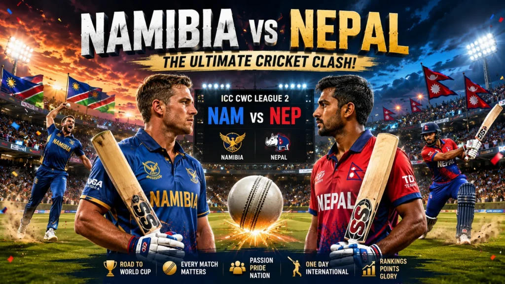 Namibia vs Nepal players face off during the ICC CWC League 2 in a dramatic international ODI cricket match under stadium lights.