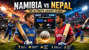 Namibia vs Nepal players face off during the ICC CWC League 2 in a dramatic international ODI cricket match under stadium lights.
