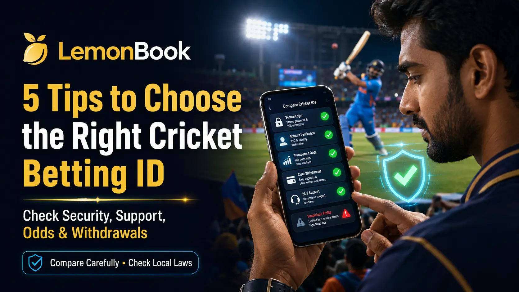 Indian user comparing security, cricket odds, withdrawal terms and support before choosing a cricket betting ID